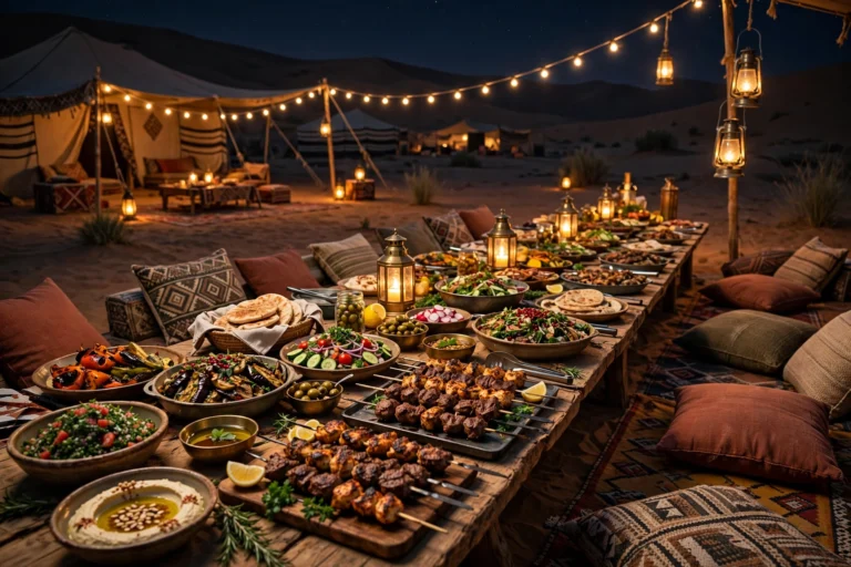 BBQ dinner buffet at a Dubai desert safari camp