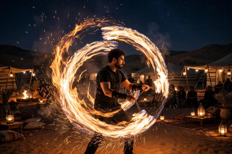 Fire show at the desert camp at night