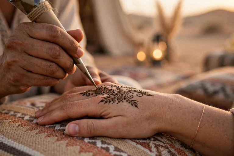 Henna artist applying henna designs at a desert camp