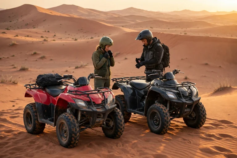 Quad bikes lined up in the Dubai desert
