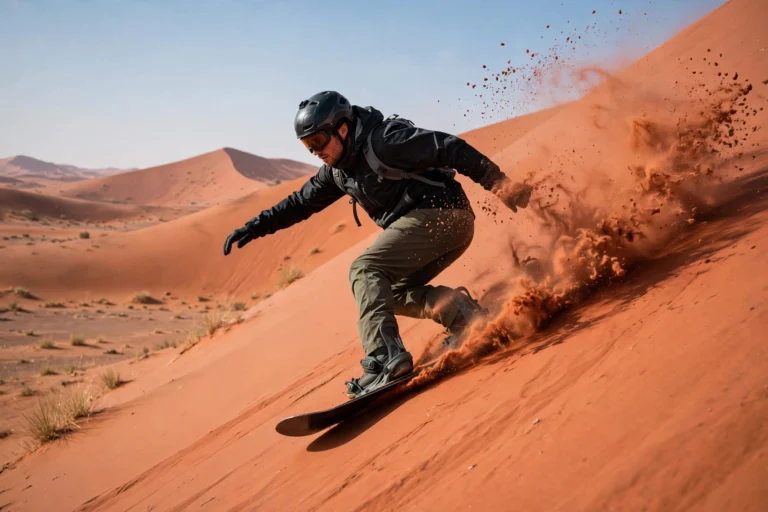 Tourist sandboarding down a Dubai desert dune