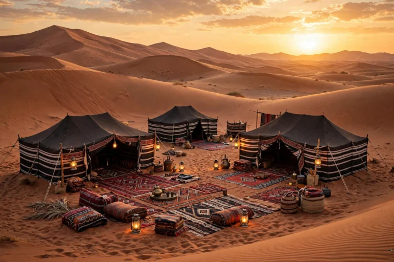 Desert camp at sunset with lanterns