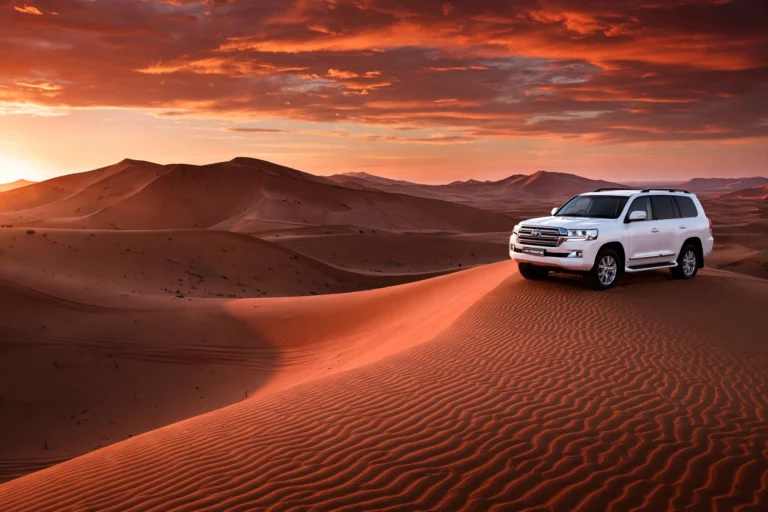 Land Cruiser on red dunes at sunset