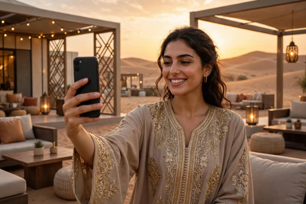 Tourist dressed for a desert safari in Dubai