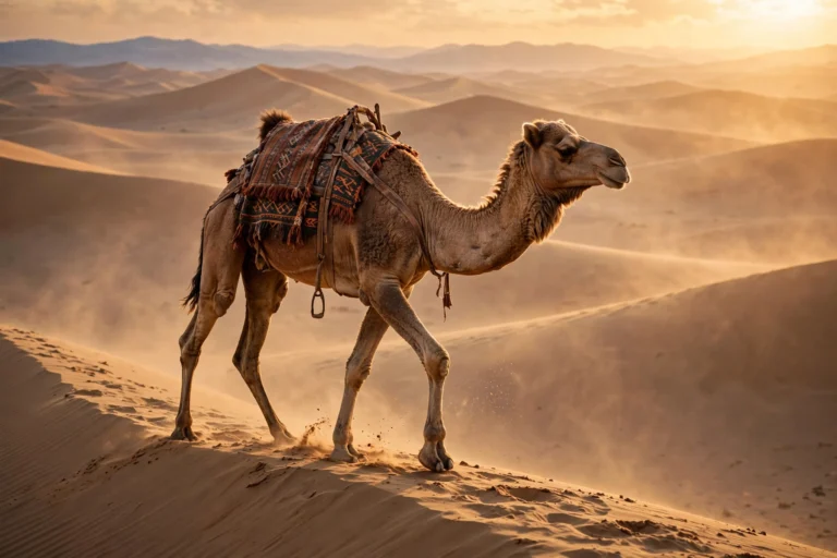 Camel ride adventure along a sand dune in the Dubai desert
