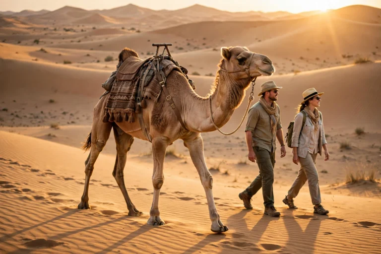 Guests enjoying a traditional camel ride across Dubai's golden desert dunes