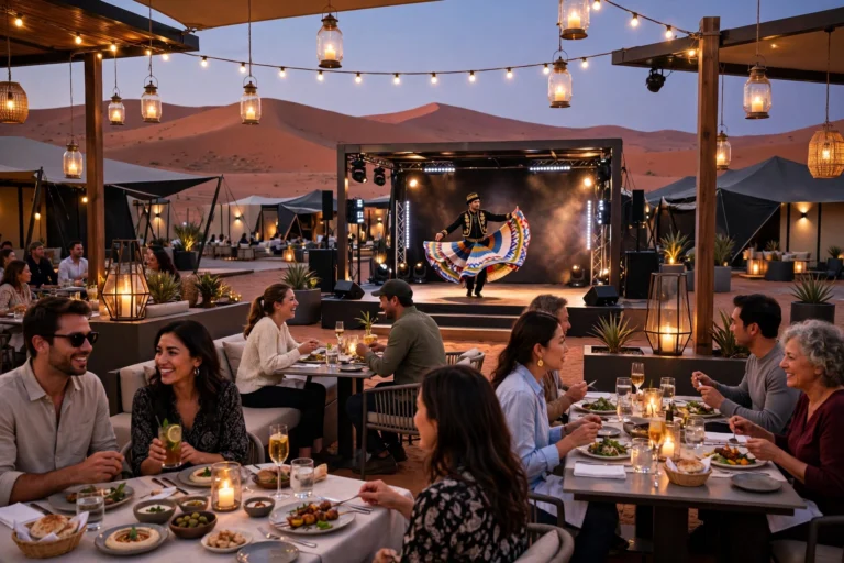 Guests enjoying dinner and live Tanoura performance at a modern Dubai desert safari camp