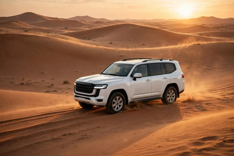 Private desert safari in Dubai with a luxury 4x4 driving across golden dunes at sunset