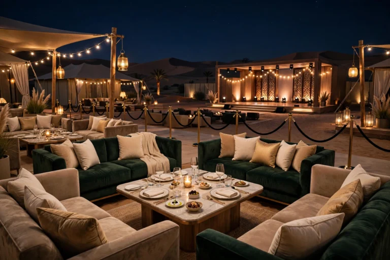 Premium VIP lounge with sofa seating at a Dubai desert safari camp